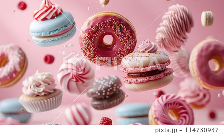 Composition of flying donuts, macarons, and sweets against a delicate pink background Composition of flying donuts, macarons, and sweets against a delicate pink background 114730937