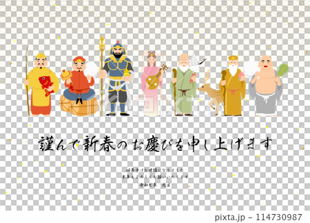 2025年和風年賀状、七福神と和柄背景 114730987