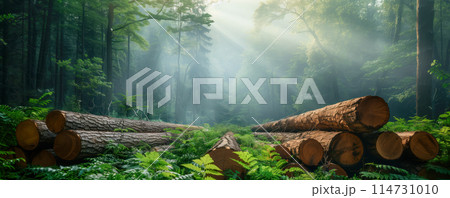 View on the stack of the trees trunks in deforested forest in the morning. Deforestation concept. 114731010