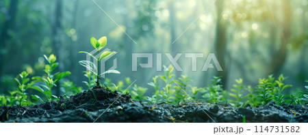 New young seedling growing out of black soil in the forest. Saving environment concept. 114731582