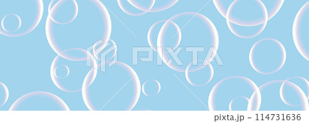 Soap bubbles on wide background in blue pastel colors. Realistic 3d transparent bubbles on vector illustration wide banner Soap bubbles on wide background in blue pastel colors. Realistic 3d transparent bubbles on vector illustration wide banner 114731636