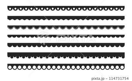 Scalloped edge border frilly stroke divider black silhouette stripe, tape collection isolated on white background. Traditional simple ornament with circles, embroidery ribbon. 114731754