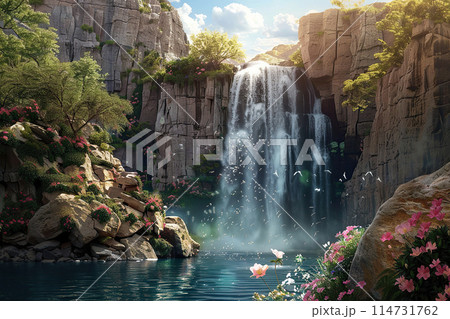 Generative ai on theme of beautiful majestic waterfall in natural nature, national park attraction 114731762