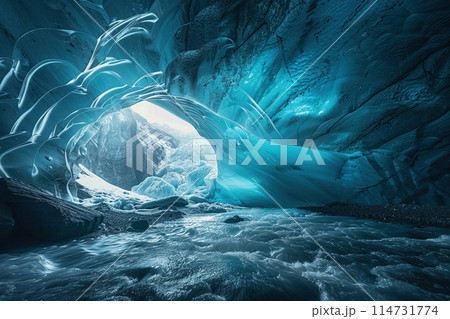 Generative ai on theme of entrance to blue ice cave covered with white snow inside a huge glacier 114731774