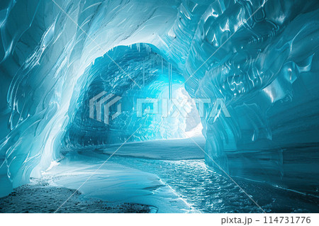 Generative ai on theme of entrance to blue ice cave covered with white snow inside a huge glacier 114731776