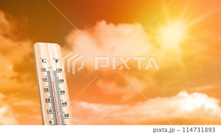 Thermometer with hot temperature with sky background 114731893