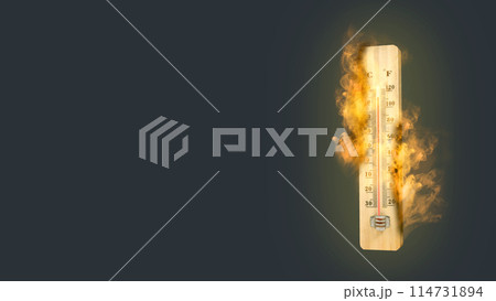 High temperature weather on summer seasons. Image of burned thermometer isolated over dark background. 114731894