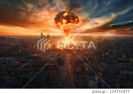 Generative ai on theme of scary nuclear explosion in outdoor, mushroom cloud of nuclear weapons 114731977