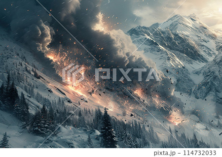 Generative ai on theme of erupting volcano with cascading hot lava surrounded thick white smoke 114732033