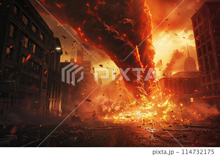 Generative ai on theme of scary huge hurricane fire tornado, apocalyptic dramatic background 114732175