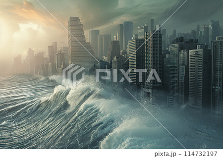 Generative ai on theme of a scary tsunami with huge foamy wave, apocalyptic dramatic background 114732197