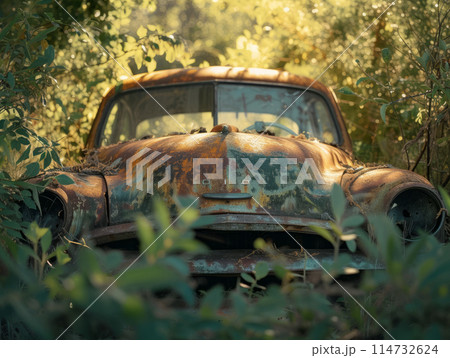 Rusty body of an old car in the forest. 114732624