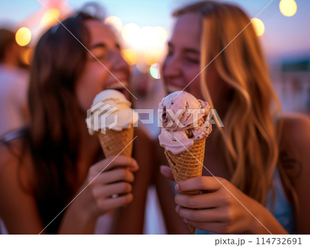 Two girls enjoying ice cream 114732691
