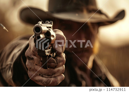 Generative ai on theme of a unshaven cowboy in leather hat with a pistol in a powerful male hand 114732911