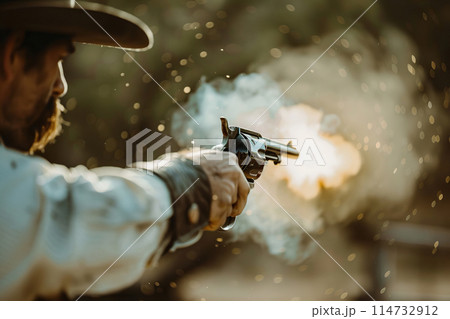 Generative ai on theme of a unshaven cowboy in leather hat with a pistol in a powerful male hand 114732912