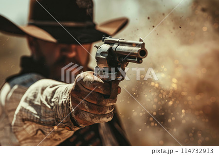 Generative ai on theme of a unshaven cowboy in leather hat with a pistol in a powerful male hand 114732913
