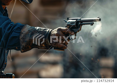 Generative ai on theme of a unshaven cowboy in leather hat with a pistol in a powerful male hand 114732914