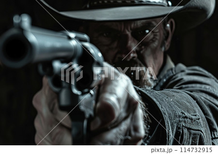 Generative ai on theme of a unshaven cowboy in leather hat with a pistol in a powerful male hand 114732915