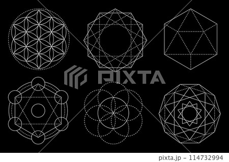 Sacred geometry vector design elements isolated on black background. Vector set 114732994