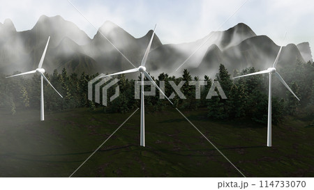 Three wind turbines are standing in a forest with mountains in the background Three wind turbines are standing in a forest with mountains in the background 114733070