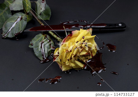The beautiful yellow rose with knife on bloody background. The beautiful yellow rose with knife on bloody background. 114733127