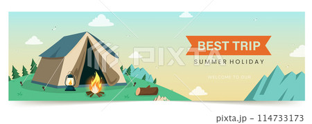 Outing equipment. Camping equipments, Concept of wanderlust, travel, and camping adventure. Vector illustration, poster and banner 114733173