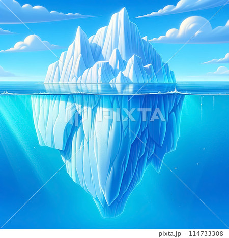 Majestic iceberg floating in the ocean, visible above and below water surface. Climate change visuals, environmental education, and awareness campaigns. Minimalistic, clean cartoon flat illustration. 114733308