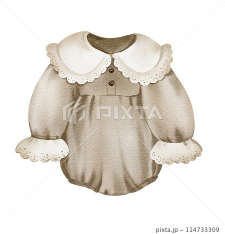 Baby clothes isolated on white background. Hand drawn watercolor illustration. Newborn baby things on a white background. Suitable for cards, invitations and announcements. 114733309