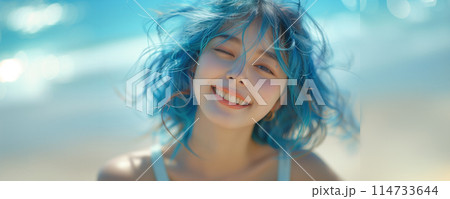 young beautiful woman with blue hair on blurred summer beach background young beautiful woman with blue hair on blurred summer beach background 114733644