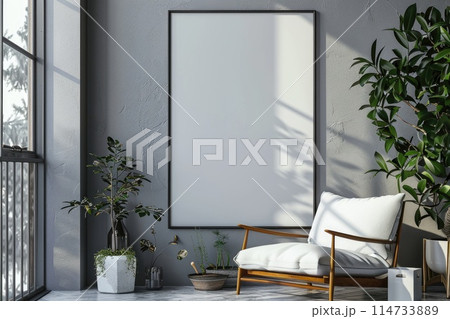 A mockup of a vertical empty picture frame in a natural setting with textured wall and plant shadows 114733889