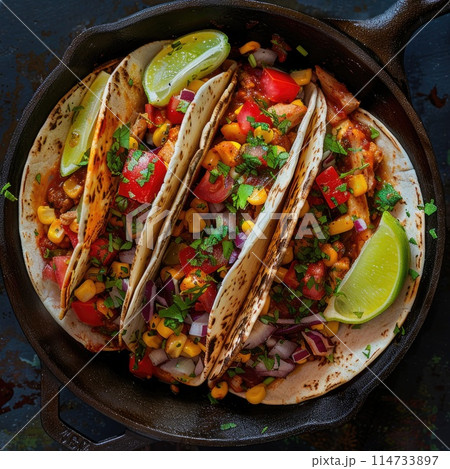 Deliciously prepared chicken fajitas in a cast iron skillet 114733897