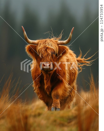 Highland cow portrait with windswept hair 114733954