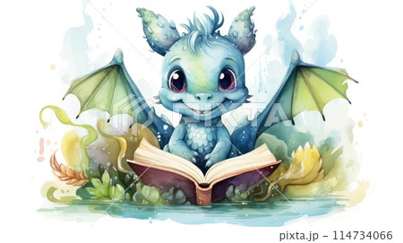open book fairy tale with little dragon watercolor design 114734066