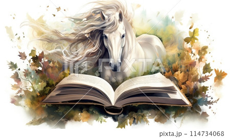 open book fairy tale about horse watercolor design 114734068