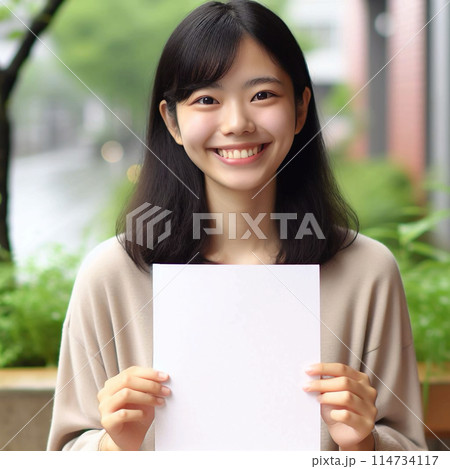 無地の紙を持つ日本の若い女性-D 114734117