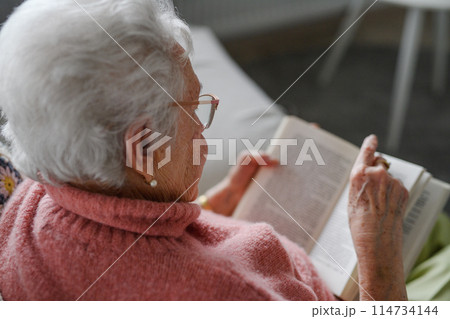 Beautiful elderly woman reading book at home, having relaxing moment, hygge for senior. Grandmother with reading glasses and captivating book. Beautiful elderly woman reading book at home, having relaxing moment, hygge for senior. Grandmother with reading glasses and captivating book. 114734144