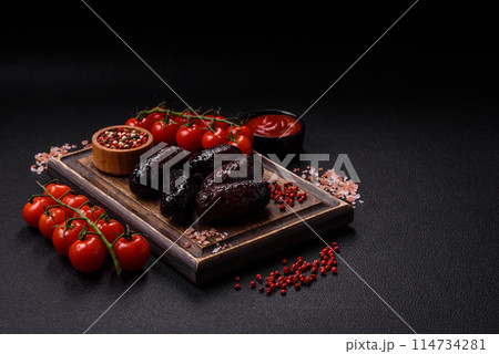 Delicious black blood sausage or black pudding with spices and herbs 114734281