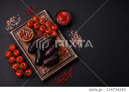 Delicious black blood sausage or black pudding with spices and herbs 114734283