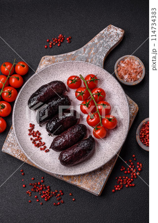 Delicious black blood sausage or black pudding with spices and herbs 114734383