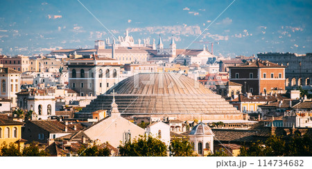 Rome, Italy. Sloping Roof Of Pantheon And Cityscape Of Town 114734682