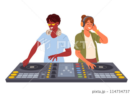 Two DJ use mixing console to entertain visitors to disco in nightclub and play original musical hits Two DJ use mixing console to entertain visitors to disco in nightclub and play original musical hits 114734737