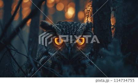 A mysterious owl camouflaged among the leaves, its intense orange eyes piercing through the foliage A mysterious owl camouflaged among the leaves, its intense orange eyes piercing through the foliage 114734755