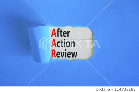AAR After action review symbol. Concept words AAR After action review on beautiful white paper. Beautiful blue paper background. Business AAR after action review concept. Copy space. 114735165