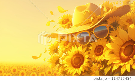 ひまわりと麦わら帽子のイラスト素材 [114735454] - PIXTA