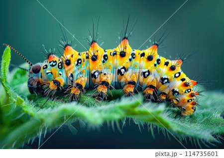 Closeup shot of a caterpillar crawling on the green plant 114735601