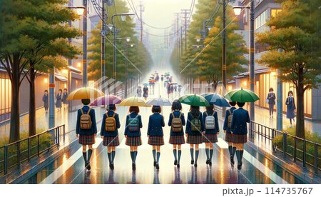 雨の帰り道:青春の静かな瞬間と友情の温かさ 雨の帰り道:青春の静かな瞬間と友情の温かさ 114735767