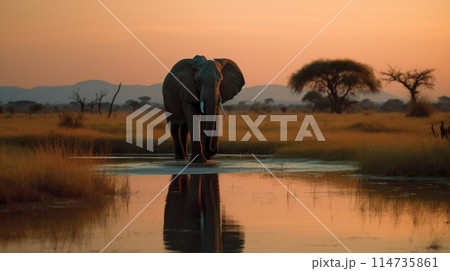 Majestic African elephant standing by the water against an orange sunset in the savannah Majestic African elephant standing by the water against an orange sunset in the savannah 114735861