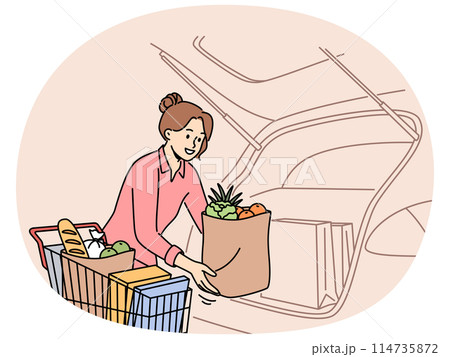 Smiling woman unload groceries into car 114735872
