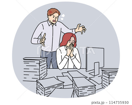 Mad boss scream at stressed female employee Mad boss scream at stressed female employee 114735930