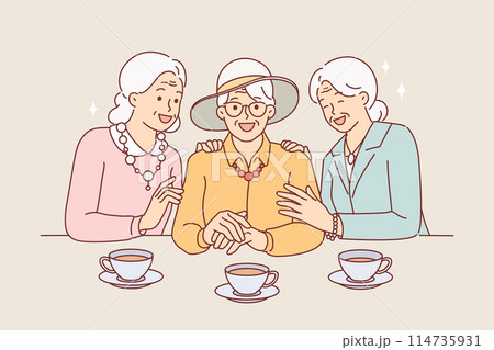 Elderly women drink tea and laugh, rejoicing at long-awaited meeting, dressed in elegant clothes Elderly women drink tea and laugh, rejoicing at long-awaited meeting, dressed in elegant clothes 114735931